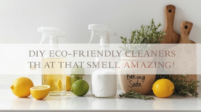 Glass spray bottles with citrus fruits and herbs on a clean counter.