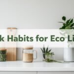Minimalist eco kitchen scene with jars, mug, and plants.