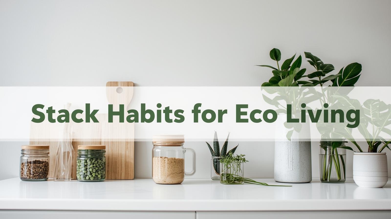 Minimalist eco kitchen scene with jars, mug, and plants.