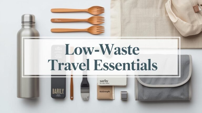 Flat lay of eco-friendly travel essentials like reusable bottles, cutlery, and toiletry bars.
