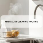 Minimalist kitchen counter with a small cleaning caddy and a gleaming faucet in morning light.