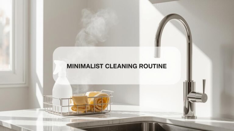 Minimalist kitchen counter with a small cleaning caddy and a gleaming faucet in morning light.