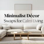 Minimalist living room with neutral sofa, statement wall art, and plants.