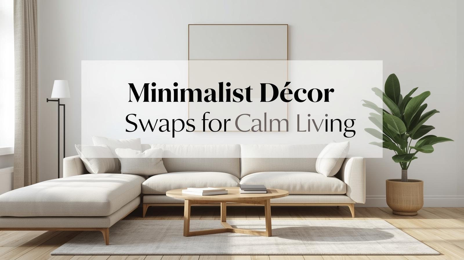 Minimalist living room with neutral sofa, statement wall art, and plants.