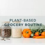 Kitchen counter with plant-based grocery staples like rice, beans, and fresh produce.