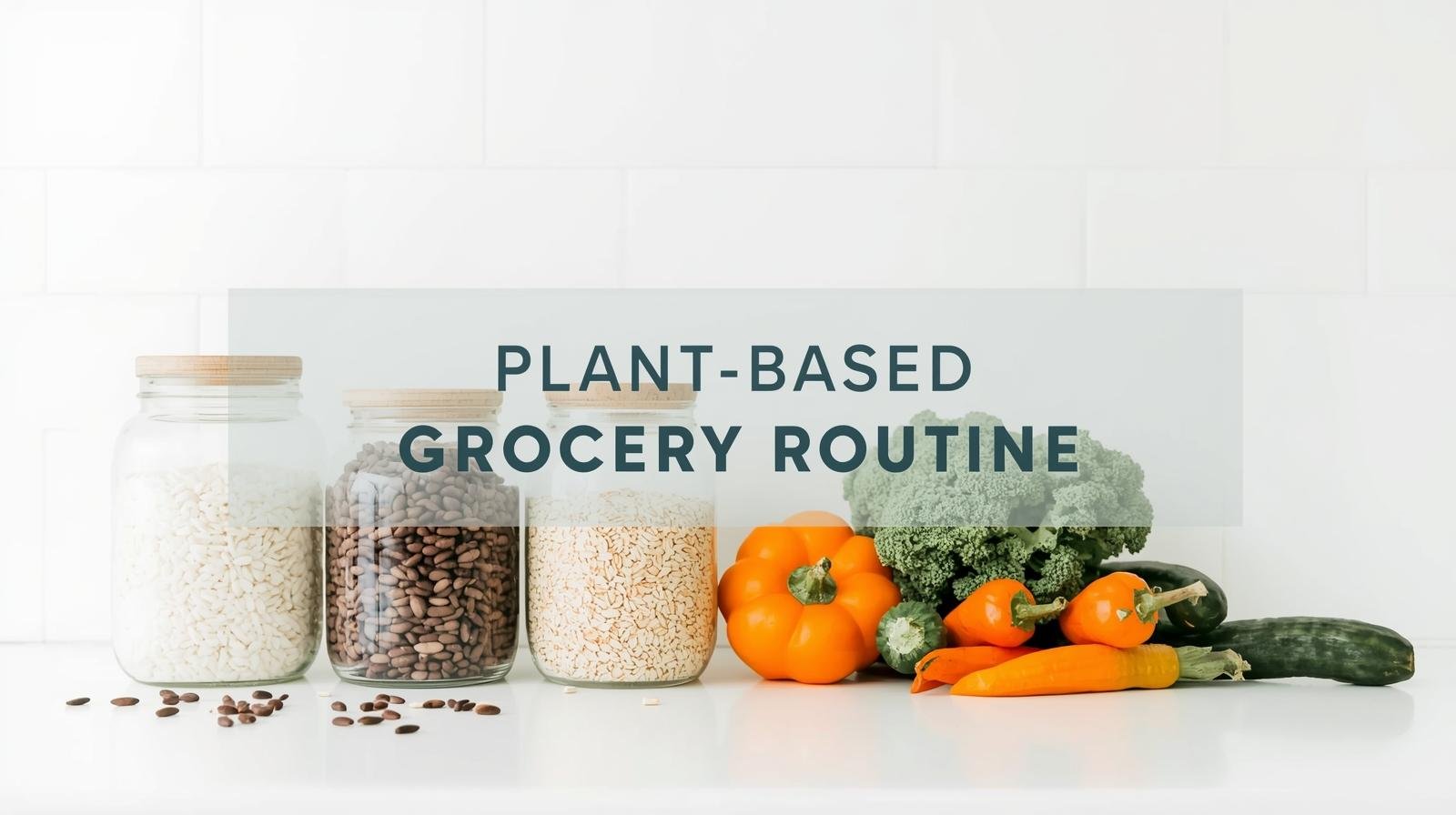 Kitchen counter with plant-based grocery staples like rice, beans, and fresh produce.
