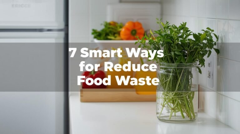 Kitchen counter with produce jars and “Eat First” box for reducing food waste.