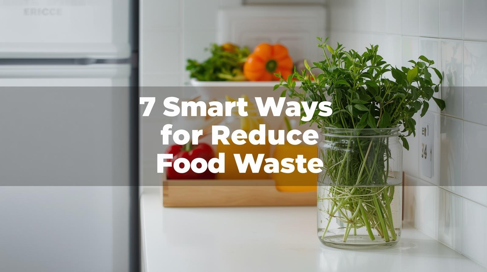 Kitchen counter with produce jars and “Eat First” box for reducing food waste.