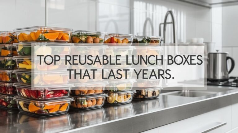 Stainless steel and glass lunch boxes with fresh food on a kitchen counter.
