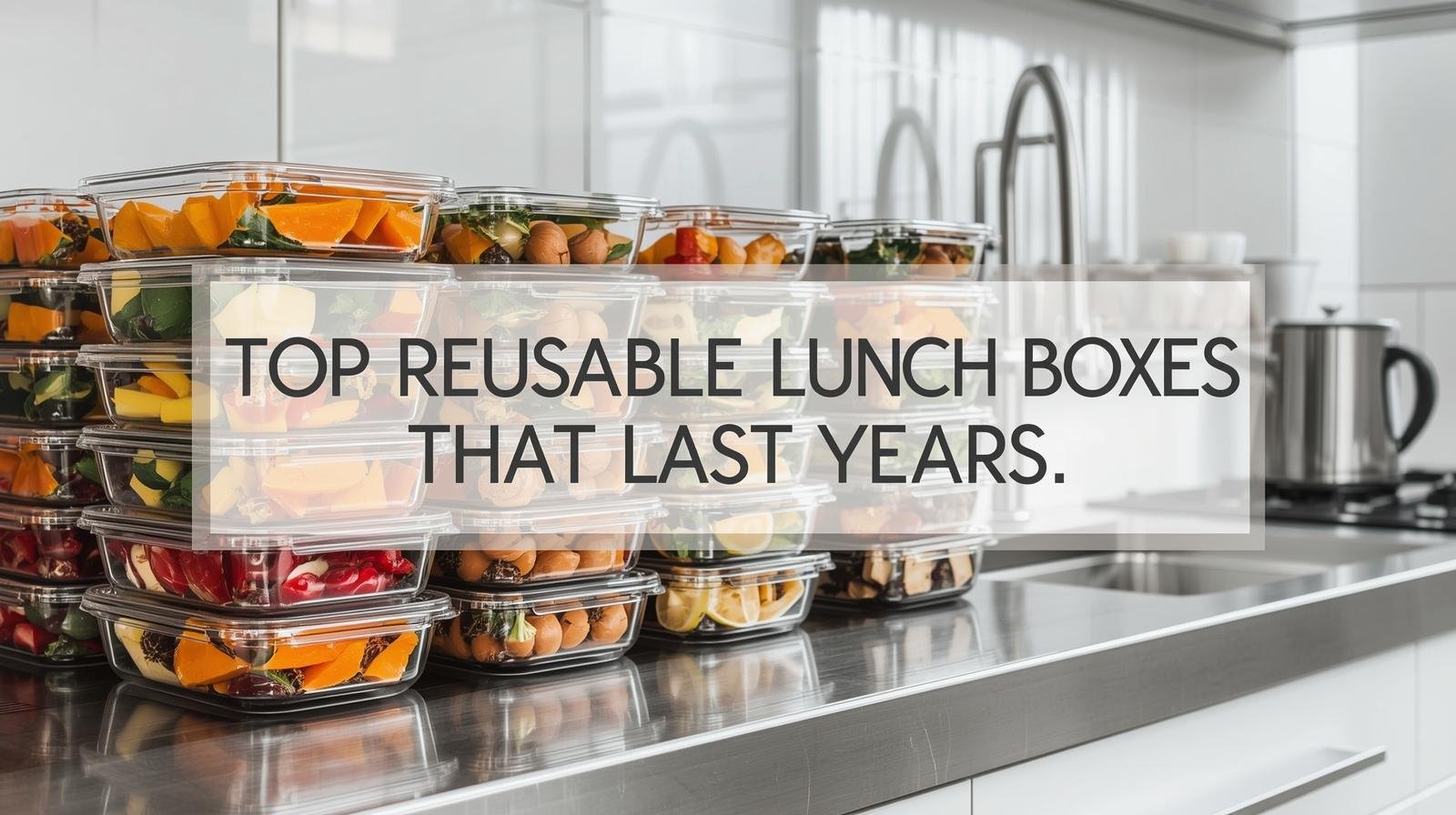 Stainless steel and glass lunch boxes with fresh food on a kitchen counter.