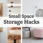 A woman organizing a beautifully styled, wall-mounted pegboard in a small kitchen, demonstrating clever small space storage hacks.