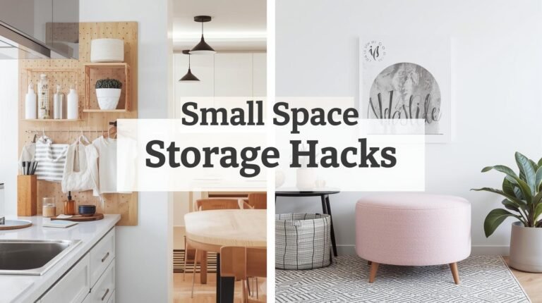 A woman organizing a beautifully styled, wall-mounted pegboard in a small kitchen, demonstrating clever small space storage hacks.