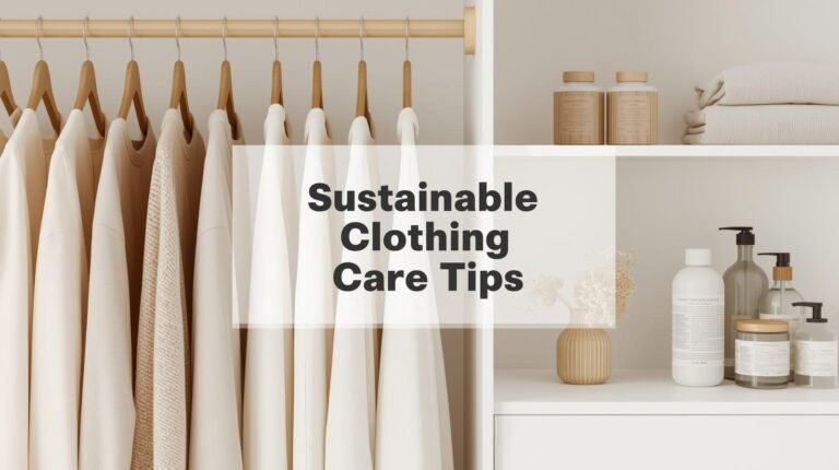 Minimalist closet with eco-friendly laundry supplies and neutral capsule clothing.