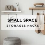 Minimalist apartment with shelves, storage ottoman, and neat entryway.