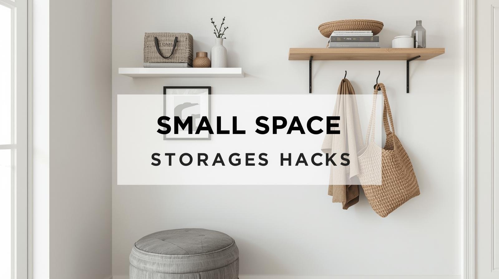 Minimalist apartment with shelves, storage ottoman, and neat entryway.