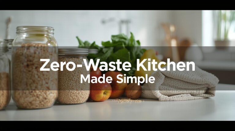 Minimalist kitchen counter with glass jars, produce, and reusable cloth bag.